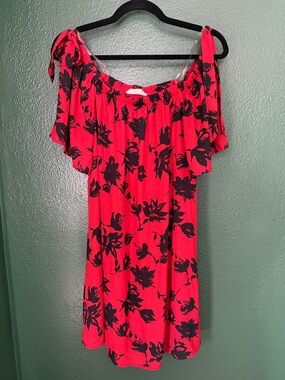 Peach Love California Red Off-Shoulder Floral Dress with Black Print